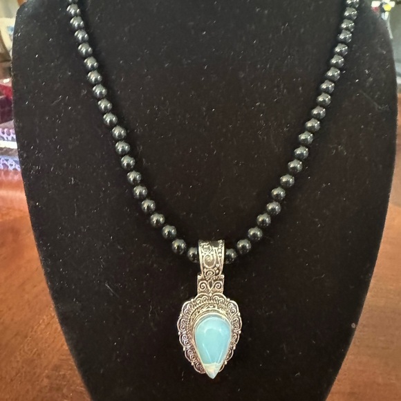 Blue Milky Opal, Simulated, Silver Plated Pendant, Black Beaded Boho Necklace - Picture 10 of 11